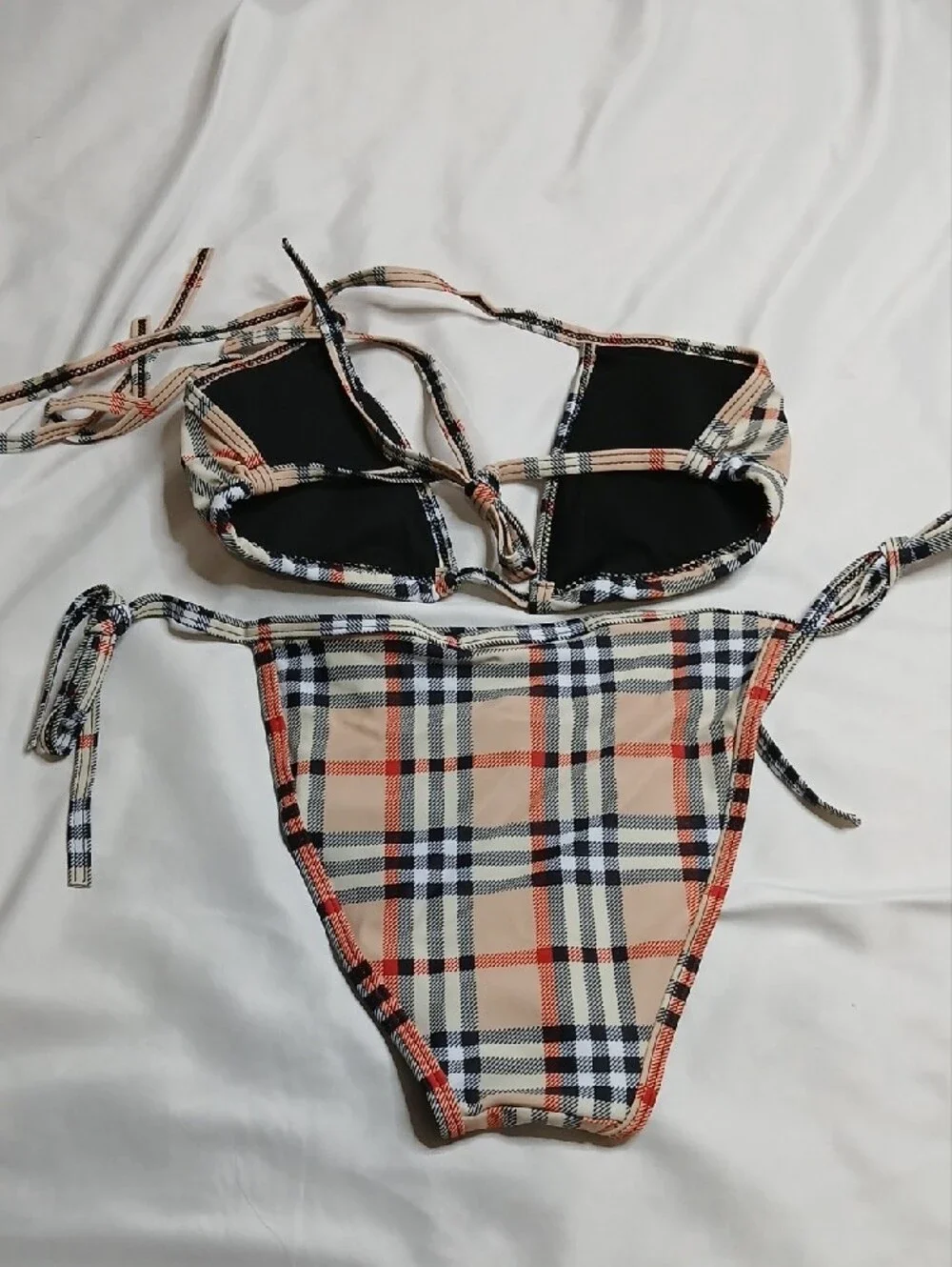 Burberry Beige Plaid Tie-Side Bikini with Black Accents